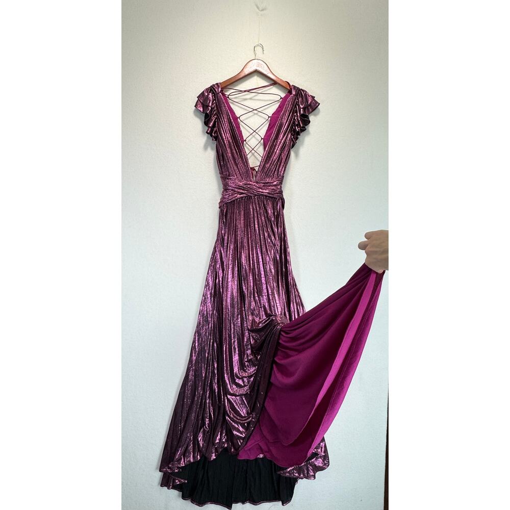 Ieena for Mac Duggal Ruffle Sleeve Metallic Gown Pleated Lace-Up Back Dress 12 - Picture 13 of 15